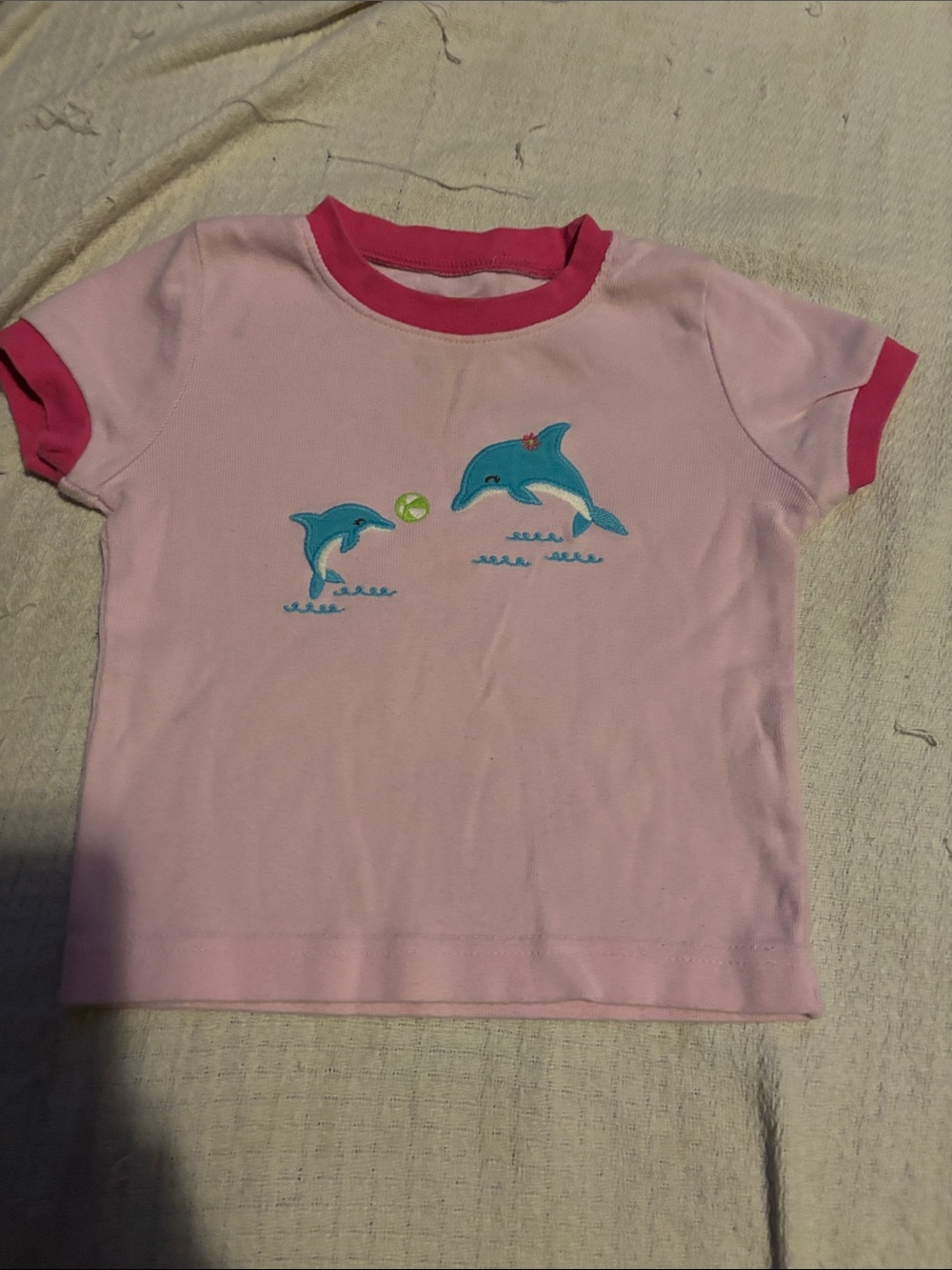 Kirkland Signature Pink Ringer Tee with Blue Dolphin Embroidery 2T